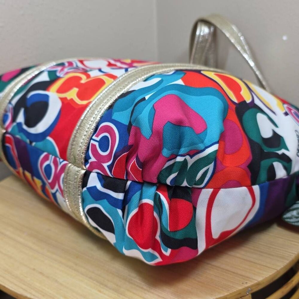 Coach Poppy Glam Tote Op Art Signature Multi-Color Jacquard Shoulder Bag Gold Le - Picture 8 of 14